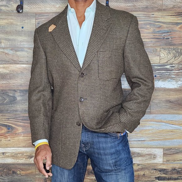 Vintage Evan Picone Wool Blend Brown Geometric Elbow Patches Blazer Jacket 41R - Picture 2 of 10